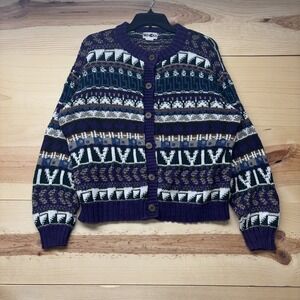 Vintage Winona Sweater Womens Large Purple Fair Isle Knit Button Cardigan 90s